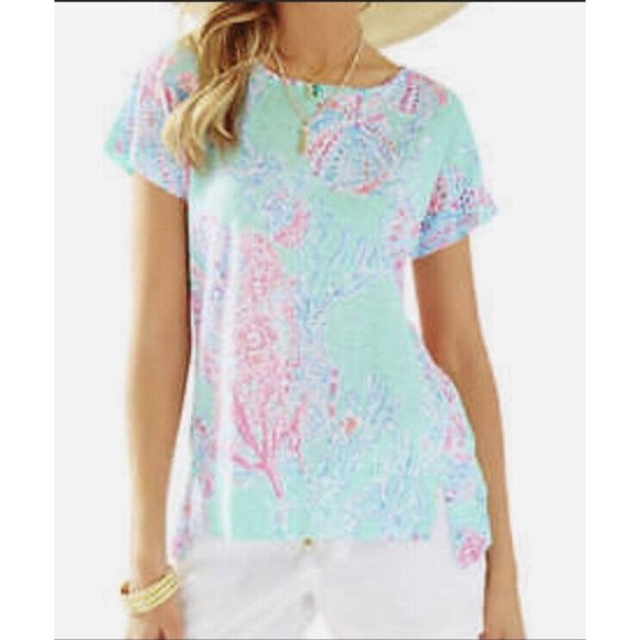 Lilly Pulitzer Top Size XS Mikela Minty Fresh Fansea Print 100% Linen Excellent - Picture 7 of 9